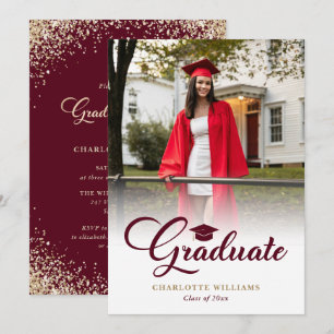 Invitación Fiesta de Graduación con Fotos en Burgundy y Dorad