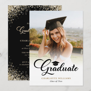 Invitación Fiesta de Graduación con Fotos en Negro y Dorado