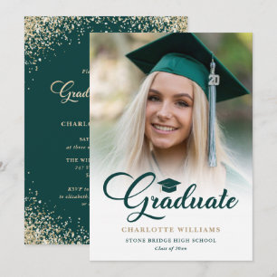 Invitación Fiesta de Graduación con Fotos en Verde y Dorado E