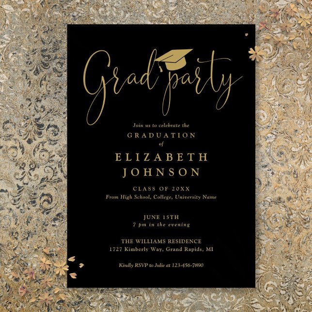 Invitación Fiesta de graduación con guion negro y dorado  (Black And Gold Grad Party Script Graduation Invitation)