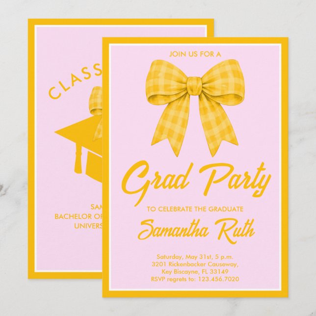 Invitación Fiesta de Graduación con Lazo de Gingham Amarillo (Anverso / Reverso)