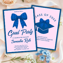 Invitación Fiesta de Graduación con Lazo de Gingham Azul