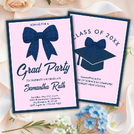 Invitación Fiesta de Graduación con Lazo de Gingham Azul Mari