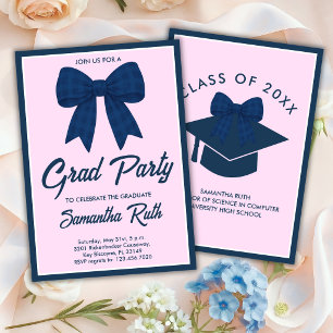 Invitación Fiesta de Graduación con Lazo de Gingham Azul Mari