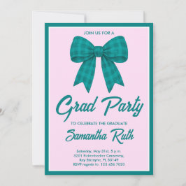 Invitación Fiesta de graduación con lazo de gingham azul turq