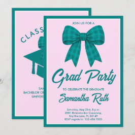 Invitación Fiesta de graduación con lazo de gingham azul turq