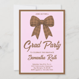 Invitación Fiesta de Graduación con Lazo de Gingham Marrón