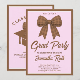 Invitación Fiesta de Graduación con Lazo de Gingham Marrón