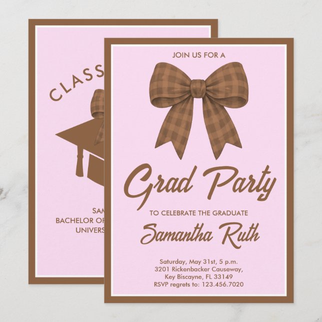 Invitación Fiesta de Graduación con Lazo de Gingham Marrón (Anverso / Reverso)