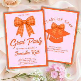 Invitación Fiesta de Graduación con Lazo de Gingham Naranja