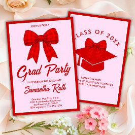 Invitación Fiesta de Graduación con Lazo de Gingham Rojo