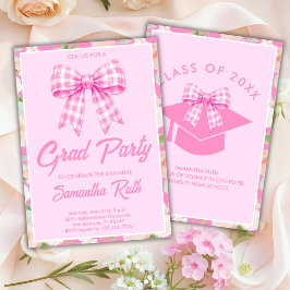 Invitación Fiesta de Graduación con Lazo de Gingham Rosa Flor