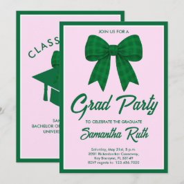 Invitación Fiesta de Graduación con Lazo de Gingham Verde