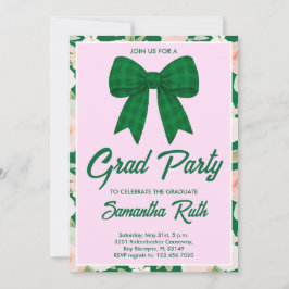 Invitación Fiesta de Graduación con Lazo de Gingham Verde Flo