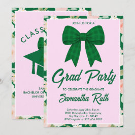Invitación Fiesta de Graduación con Lazo de Gingham Verde Flo