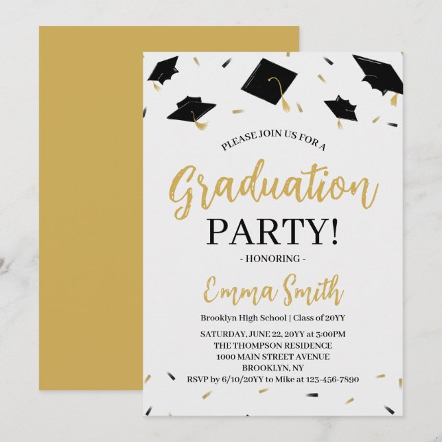 Invitación Fiesta de Graduación con Letra Dorada Moderna (Anverso / Reverso)