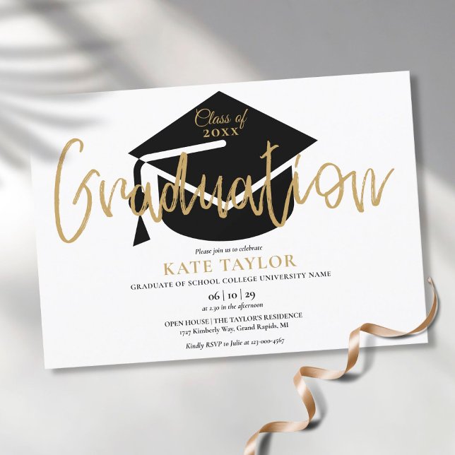 Invitación Fiesta de Graduación con Letra Dorada Moderna Senc (Modern Simple Gold Script Graduation Party Invitation)
