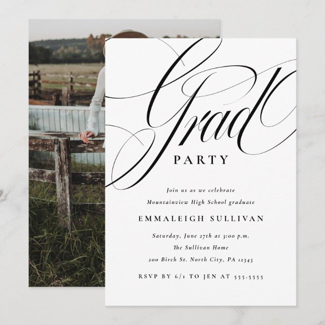 Invitación Fiesta de Graduación con Letra Elegante (Anverso / Reverso)