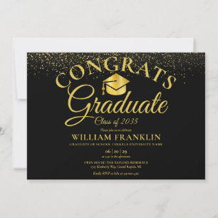 Invitación Fiesta de Graduación con Letra Moderna Negra y Dor