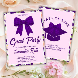 Invitación Fiesta de Graduación con Moño de Cuadros Morados d