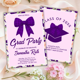 Invitación Fiesta de Graduación con Moño de Cuadros Morados d