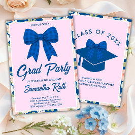 Invitación Fiesta de Graduación con Moño de Gingham Azul de F