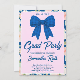 Invitación Fiesta de Graduación con Moño de Gingham Azul de F