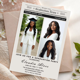Invitación Fiesta de Graduación con Periódico Vintage en Blan