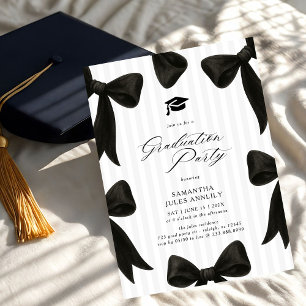 Invitación Fiesta de graduación con rayas y lazo negro modern