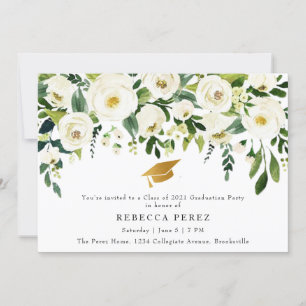 Invitación Fiesta de Graduación con Rosas Blancas y Verdor en