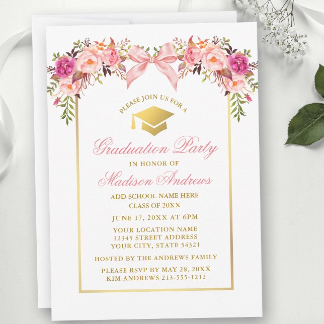 Invitación Fiesta de Graduación con Rosas de Acuarela y Lazo  (Customize to change text color, text style or to add text to back of card.)