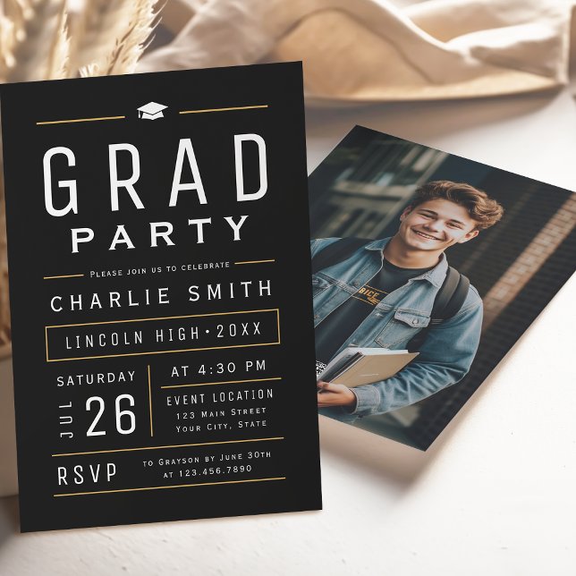 Invitación Fiesta de Graduación con Tipografía Simple Moderna (Black Modern Simple Typography Graduation Party Invitation)