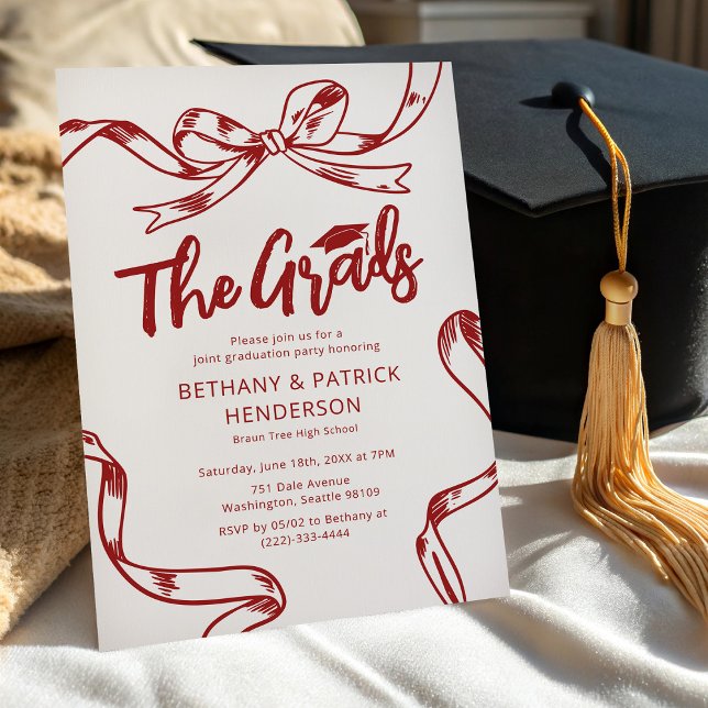 Invitación Fiesta de Graduación Conjunta con Lazo Rojo Doodle (Subido por el creador)