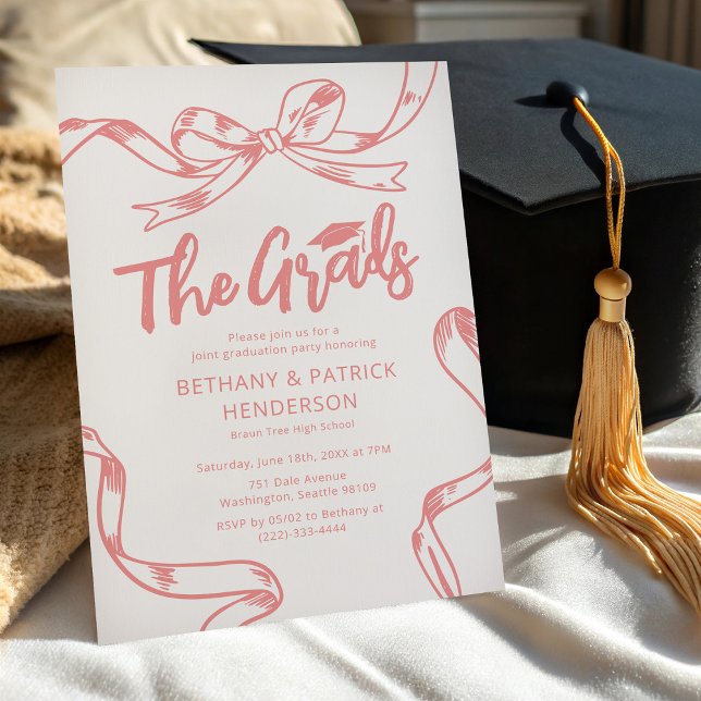 Invitación Fiesta de Graduación Conjunta con Lazo Rosa Doodle (Subido por el creador)