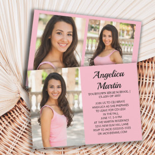 Invitación Fiesta de graduación de 2 caras rosadas con 3 foto