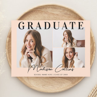 Invitación Fiesta de Graduación de 3 Fotos en Moderno Pastel