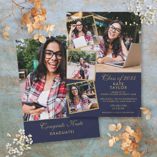 Invitación Fiesta de Graduación de 5 Fotos en Azul Marino y D