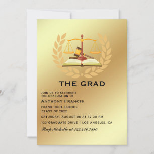 Invitación Fiesta de graduación de abogado en negro y dorado