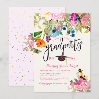 Invitación Fiesta de Graduación de Acuarela Floral de PixDezi