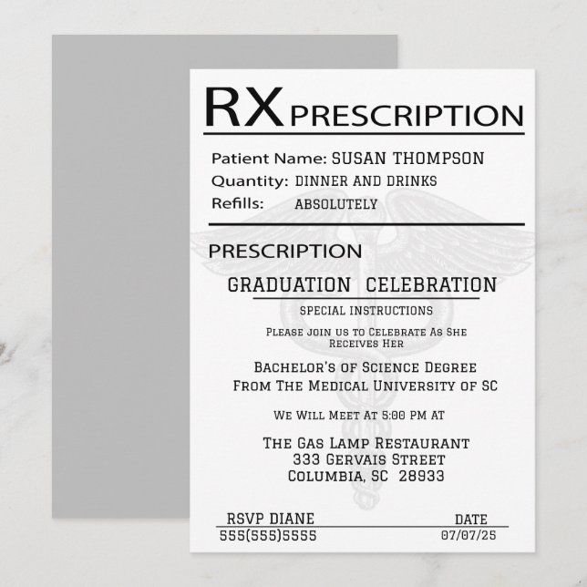 Invitación Fiesta de graduación de almohadillas de prescripci (Anverso / Reverso)