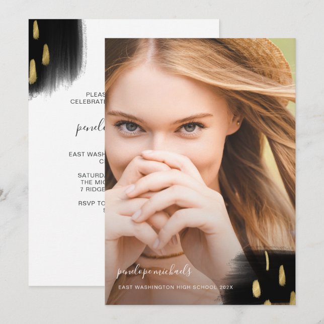 Invitación Fiesta de graduación de Black and Gold de moda (Anverso / Reverso)