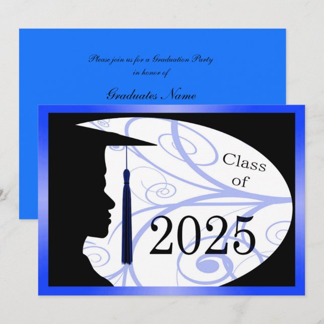 Invitación Fiesta de graduación de Blue & Black Man Silhouett (Anverso / Reverso)