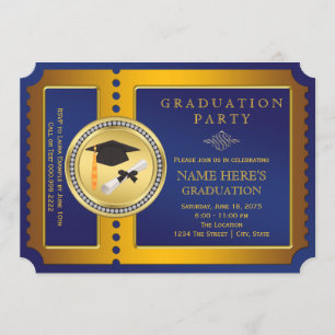 Invitación Fiesta de Graduación de Boleto Azul y Dorado