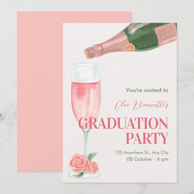 Invitación Fiesta de graduación de botellas de champán rosa (Anverso / Reverso)
