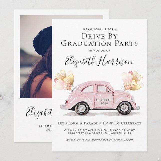 Invitación Fiesta De Graduación De Coche Rosado (Anverso / Reverso)