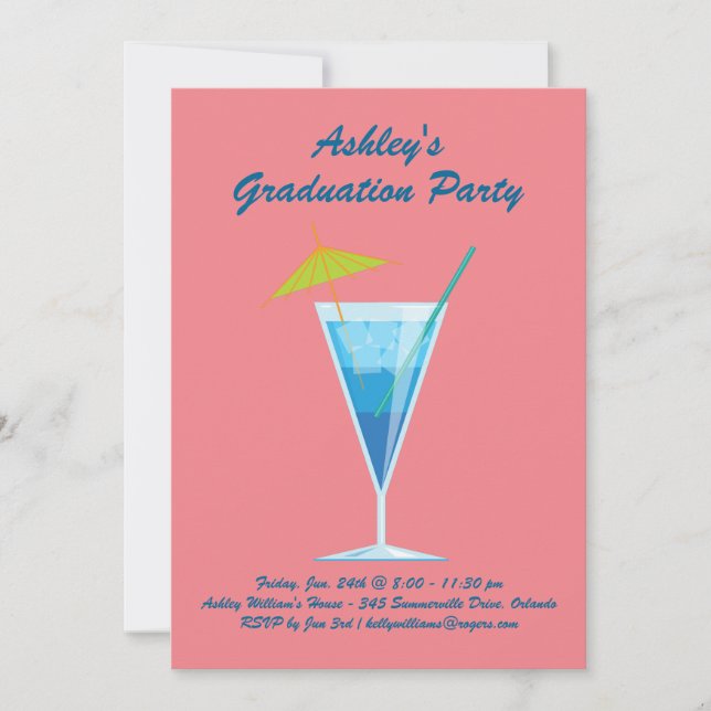 Invitación Fiesta de graduación de cócteles de verano - Coral (Anverso)