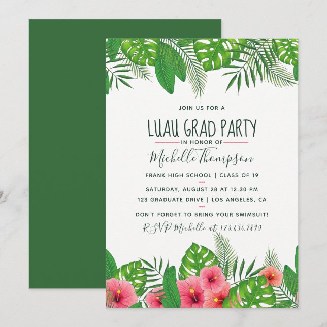 Invitación Fiesta de graduación de color agua tropical Luau (Anverso / Reverso)