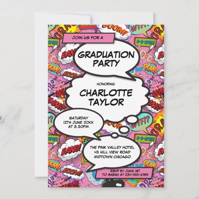 Invitación Fiesta de Graduación de Cómic Rosa Divertida Moder (Anverso)