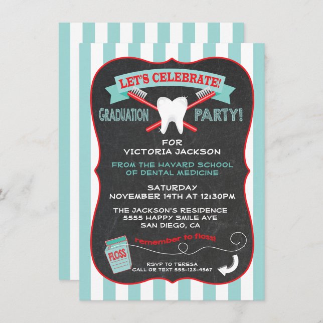 Invitación Fiesta de graduación de dentista o odontólogo (Anverso / Reverso)