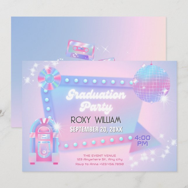 Invitación Fiesta de graduación de discoteca Retro holo (Anverso / Reverso)